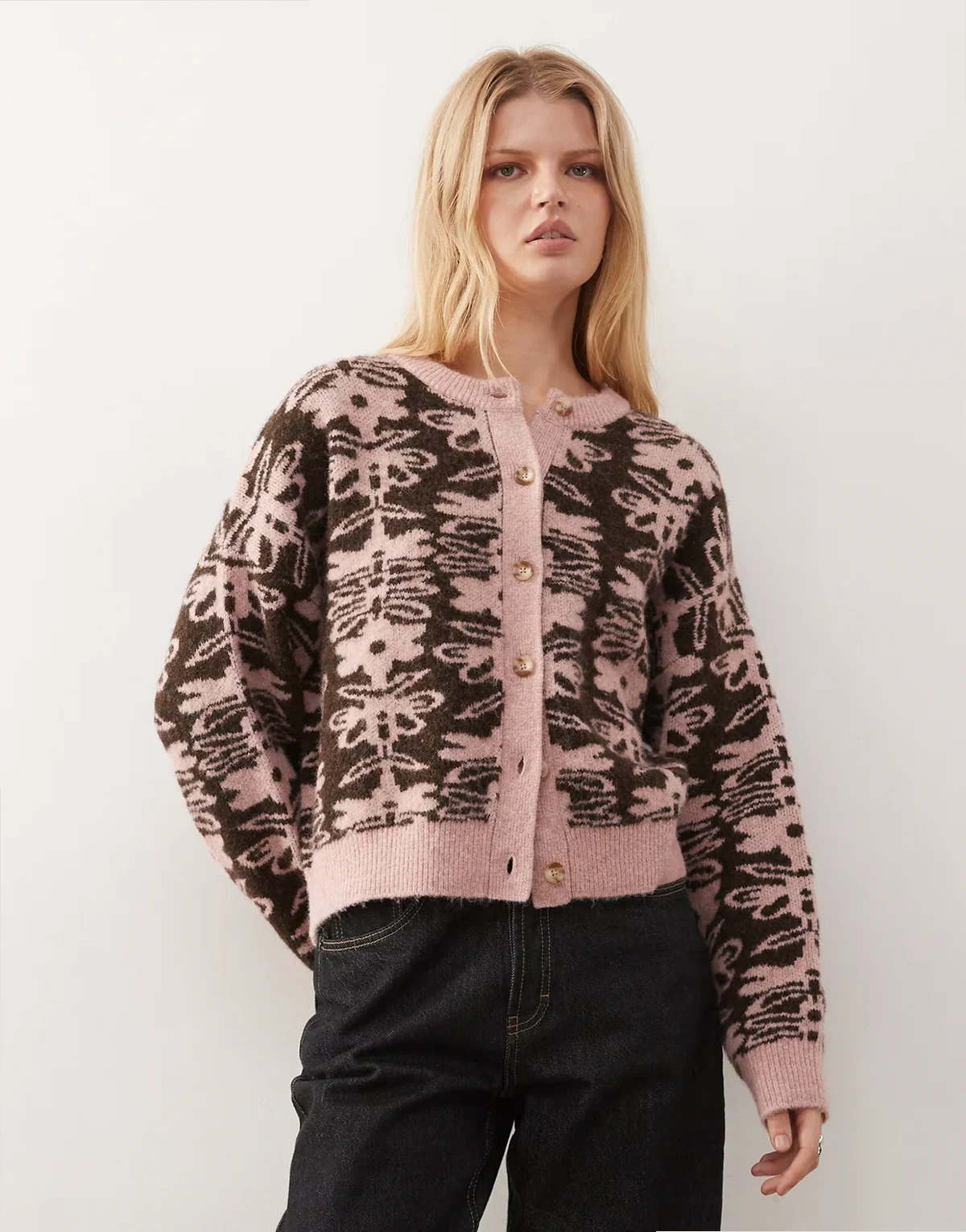 knit boxy cardigan with tapestry print in pink and chocolate brown
