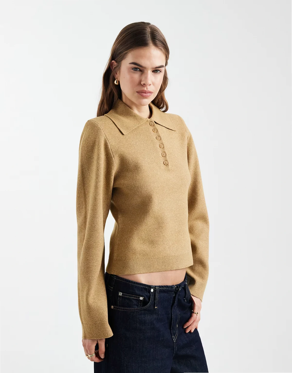 structured shoulder pads polo top in camel
