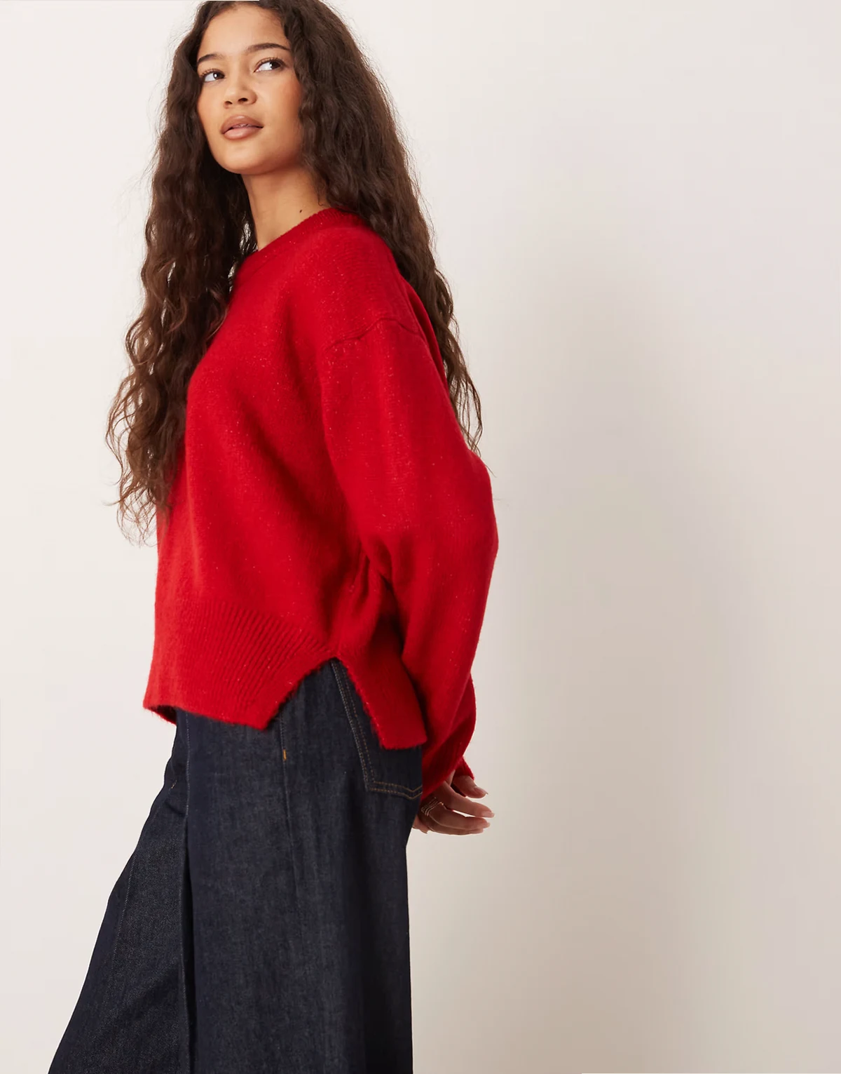 boxy crew neck sweater with side slit detailing in red