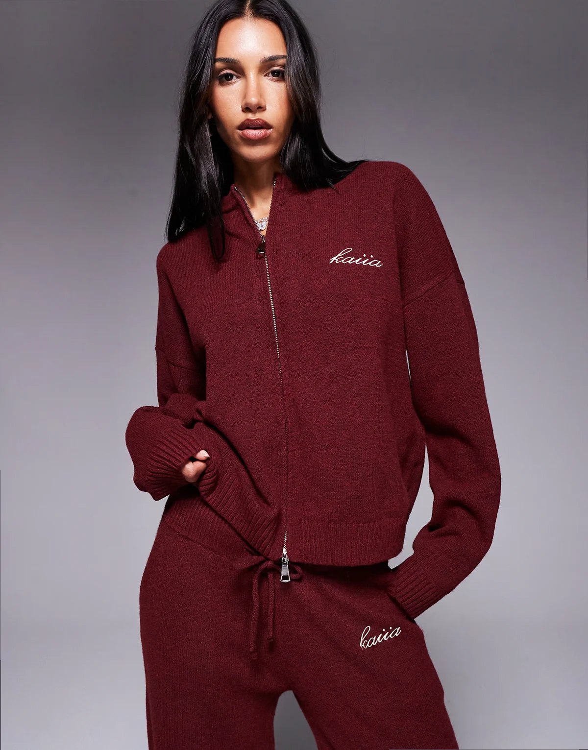 knit embroidered logo zip up sweater in cherry - part of a set