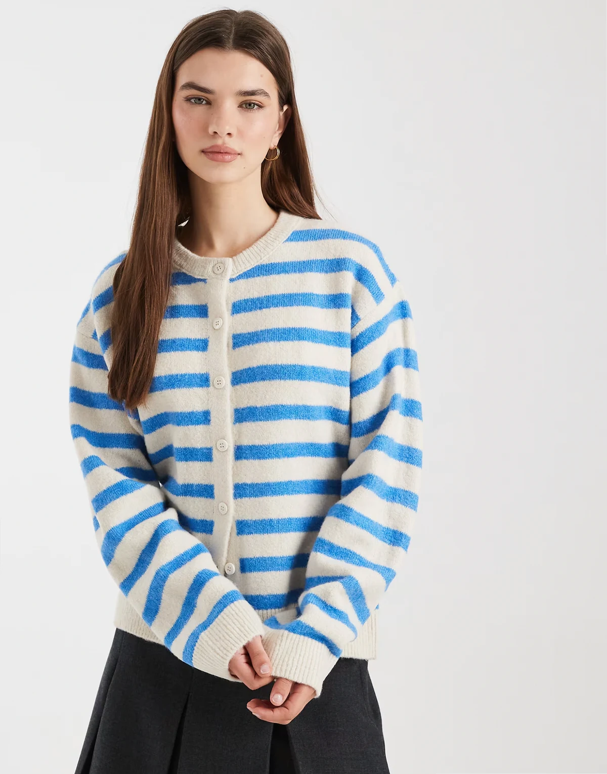 knit crew neck cardigan in blue and ecru stripe