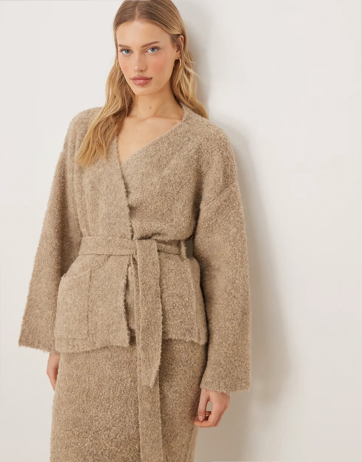 premium textured wrap front knit cardigan in heathered taupe - part of a set