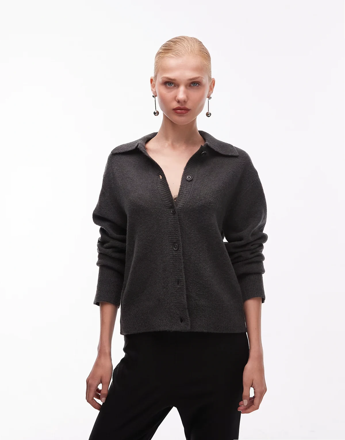 knit collared cardigan in charcoal