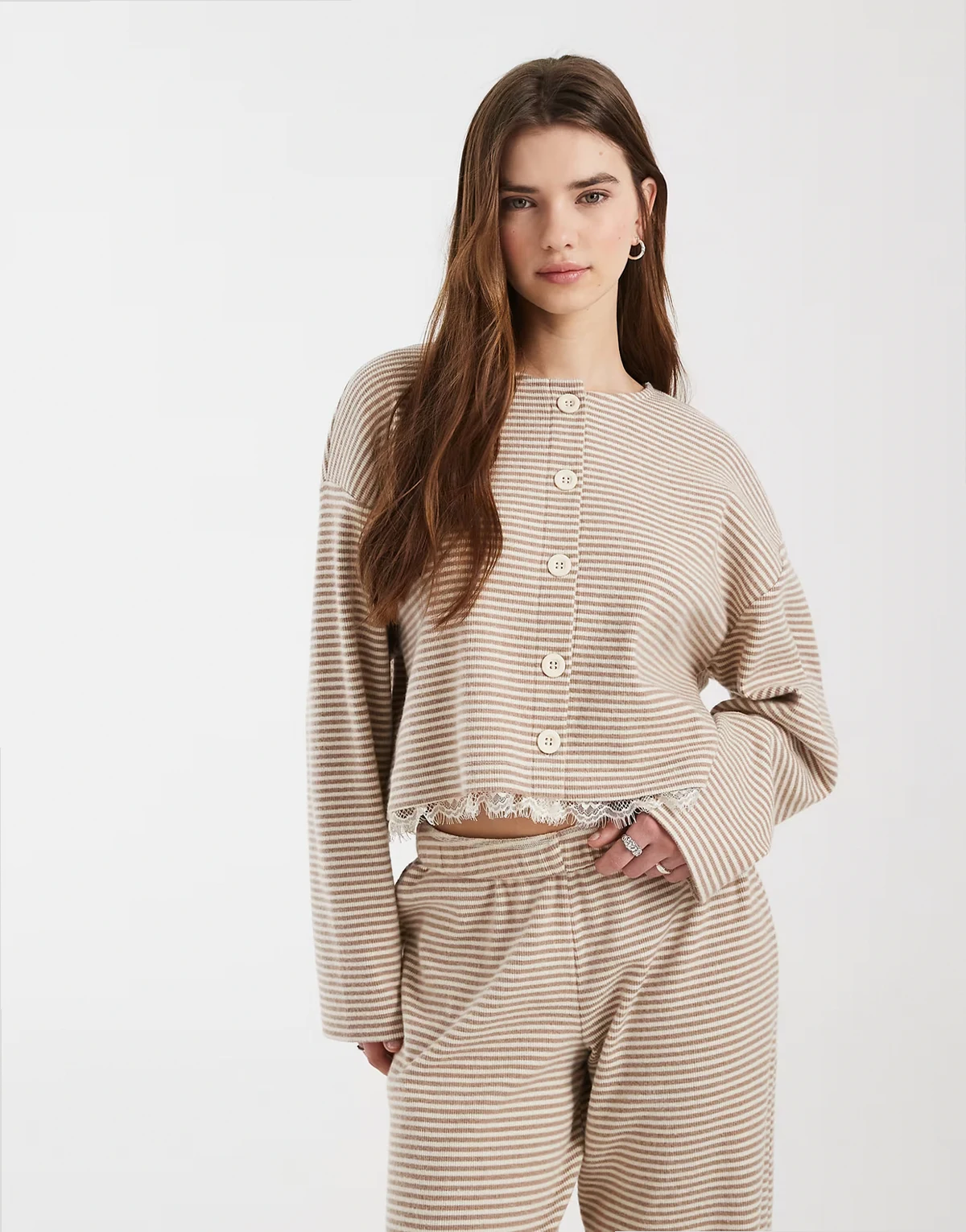 brushed cardigan in stripes with lace hem