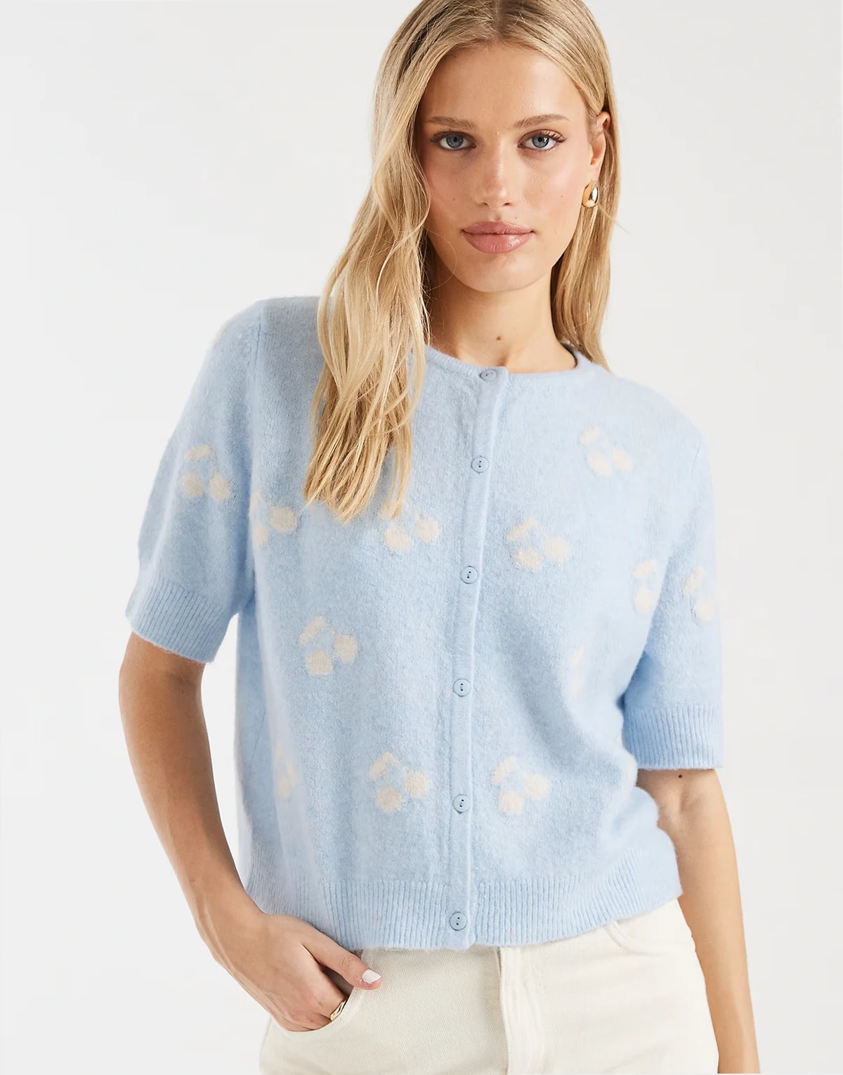 round neck knit short sleeve cardigan with cherry jacquard print in blue