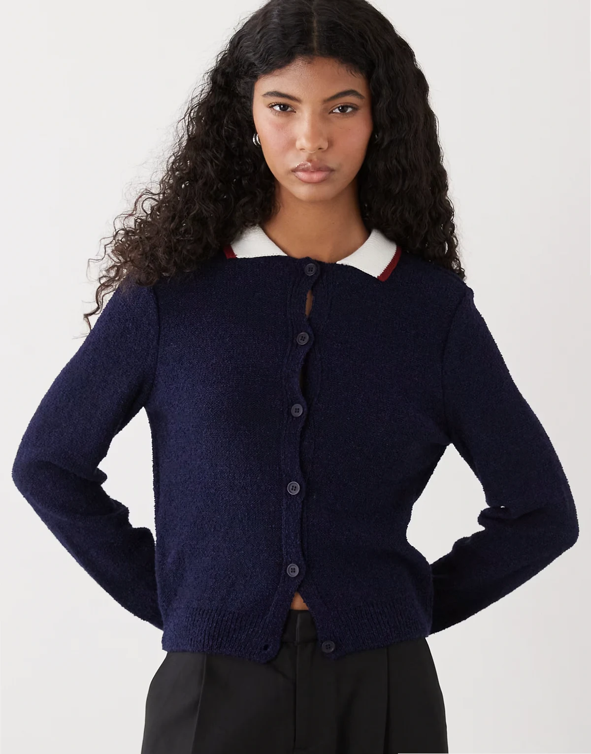 neat fit cardigan with ribbed collar in navy