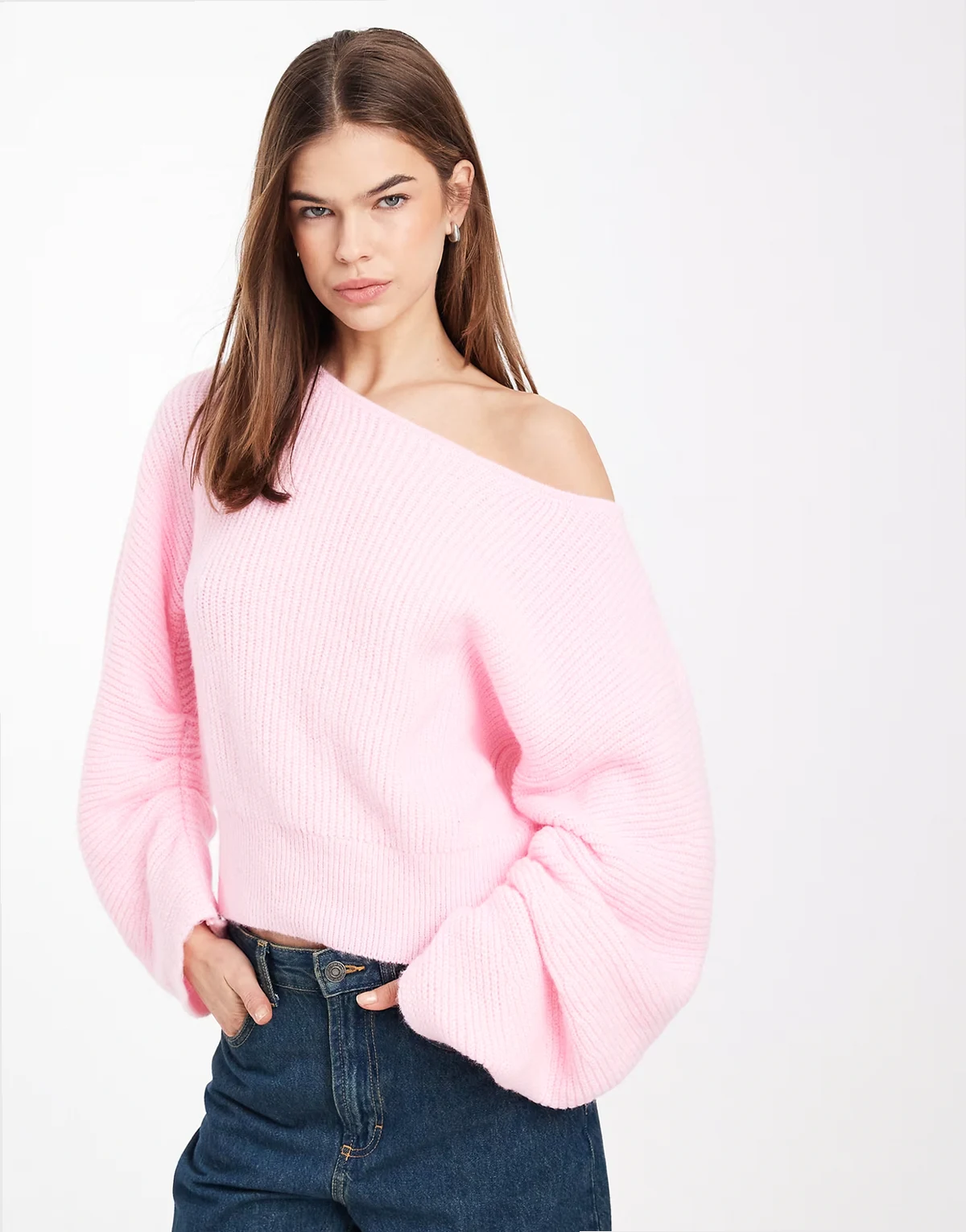 knit ruched sleeve sweater in pink