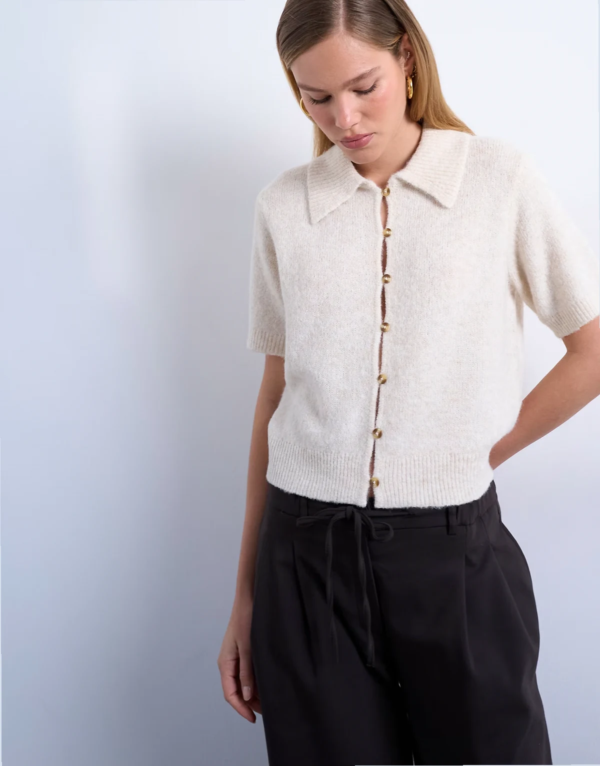 knit half sleeve collared cardigan in ivory