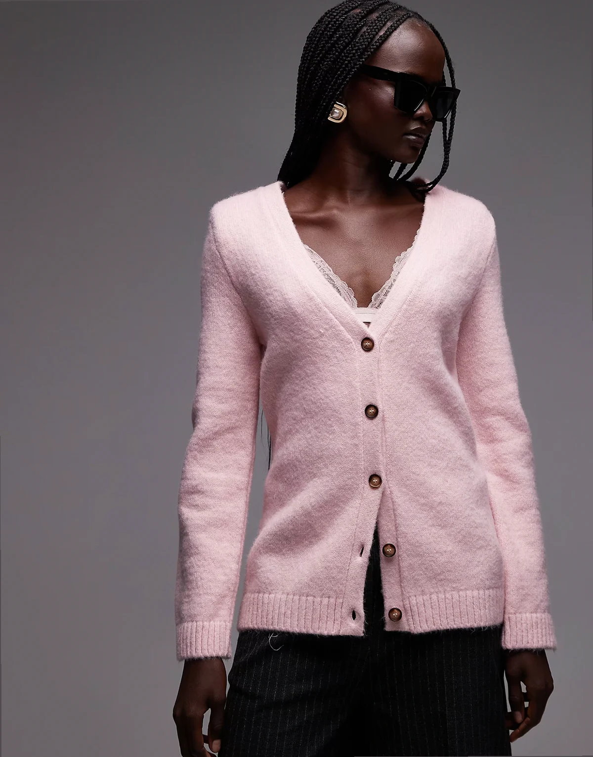 structured knit cardigan with shoulder pads in pink