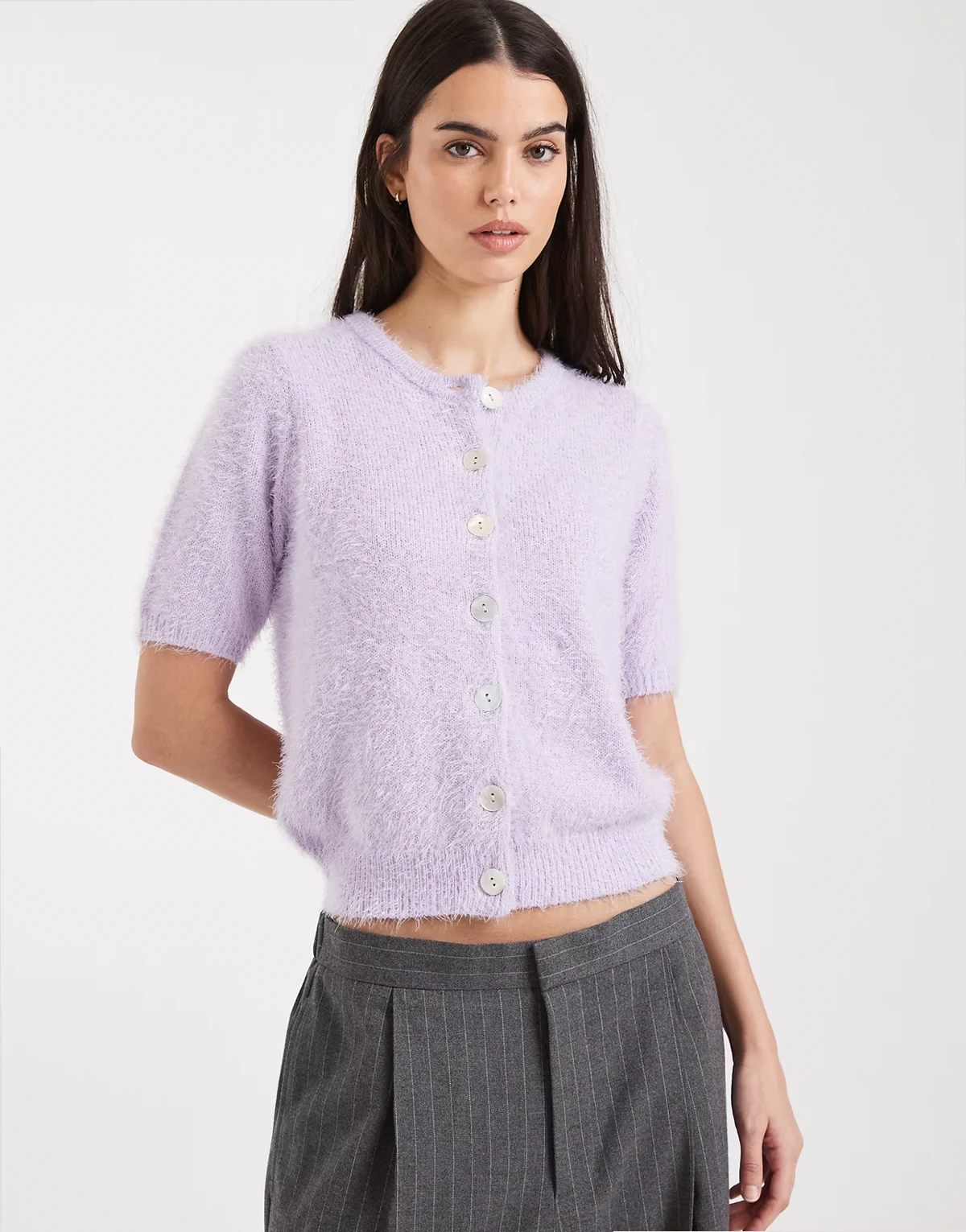 short sleeve crew neck fluffy yarn cardigan in lilac