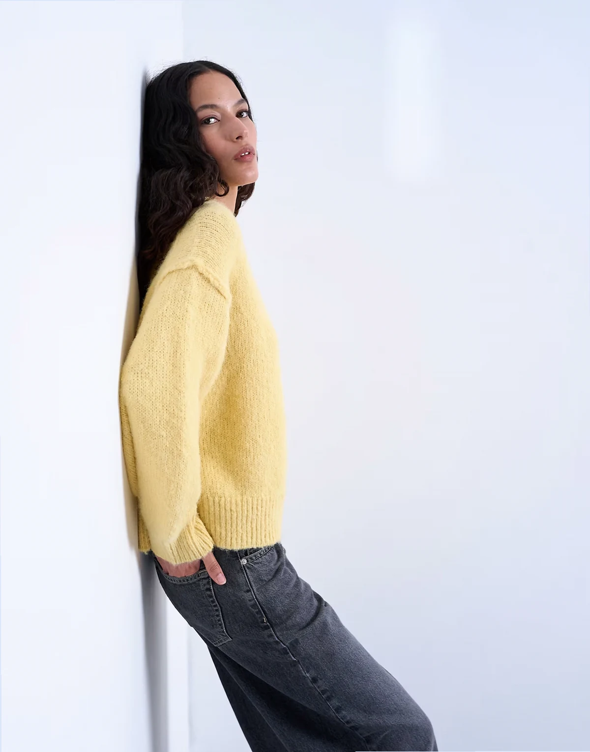 knit wool blend fluffy exposed seam easy sweater in butter yellow
