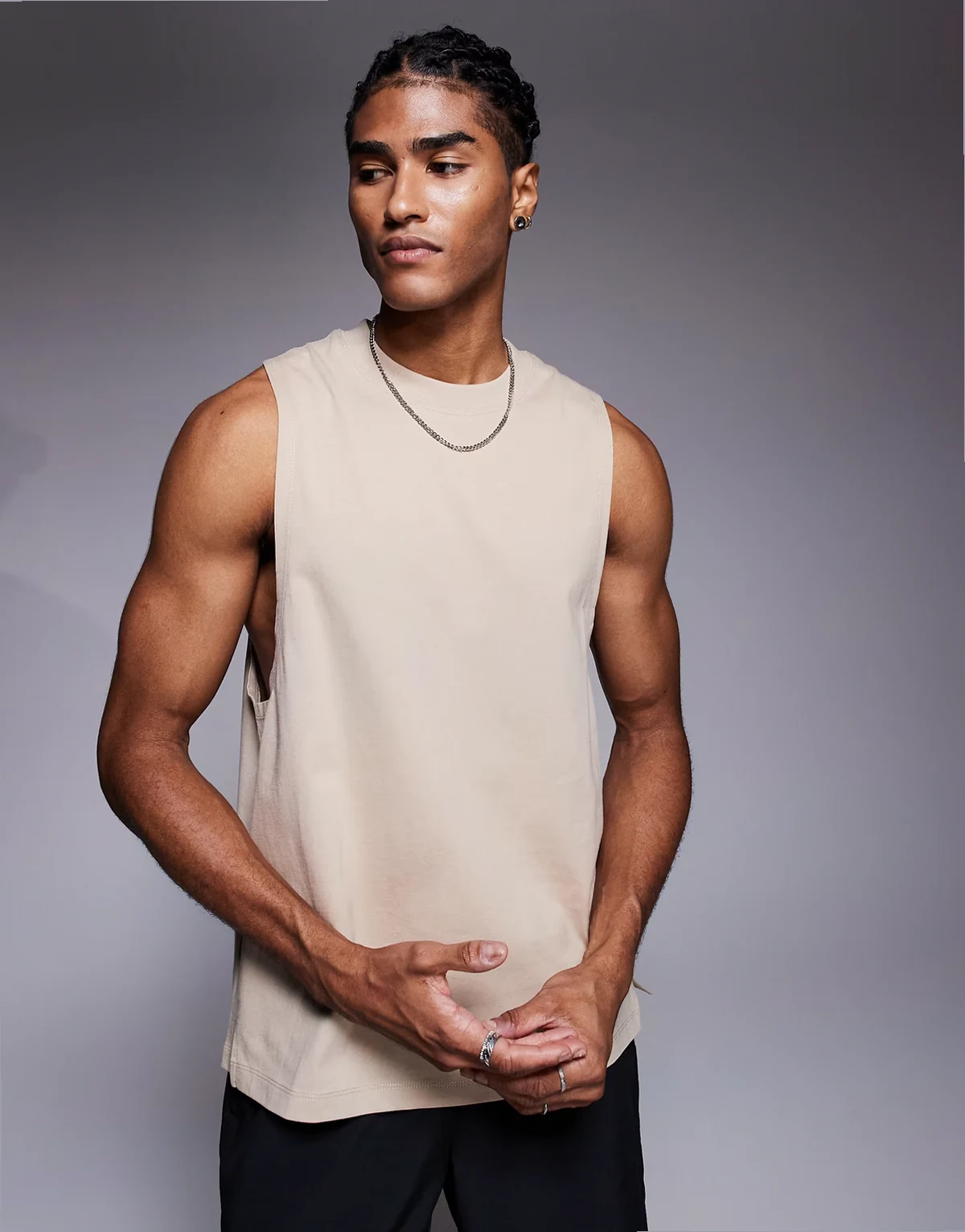 Icon cotton dropped armholes training tank top with quick dry finish in stone