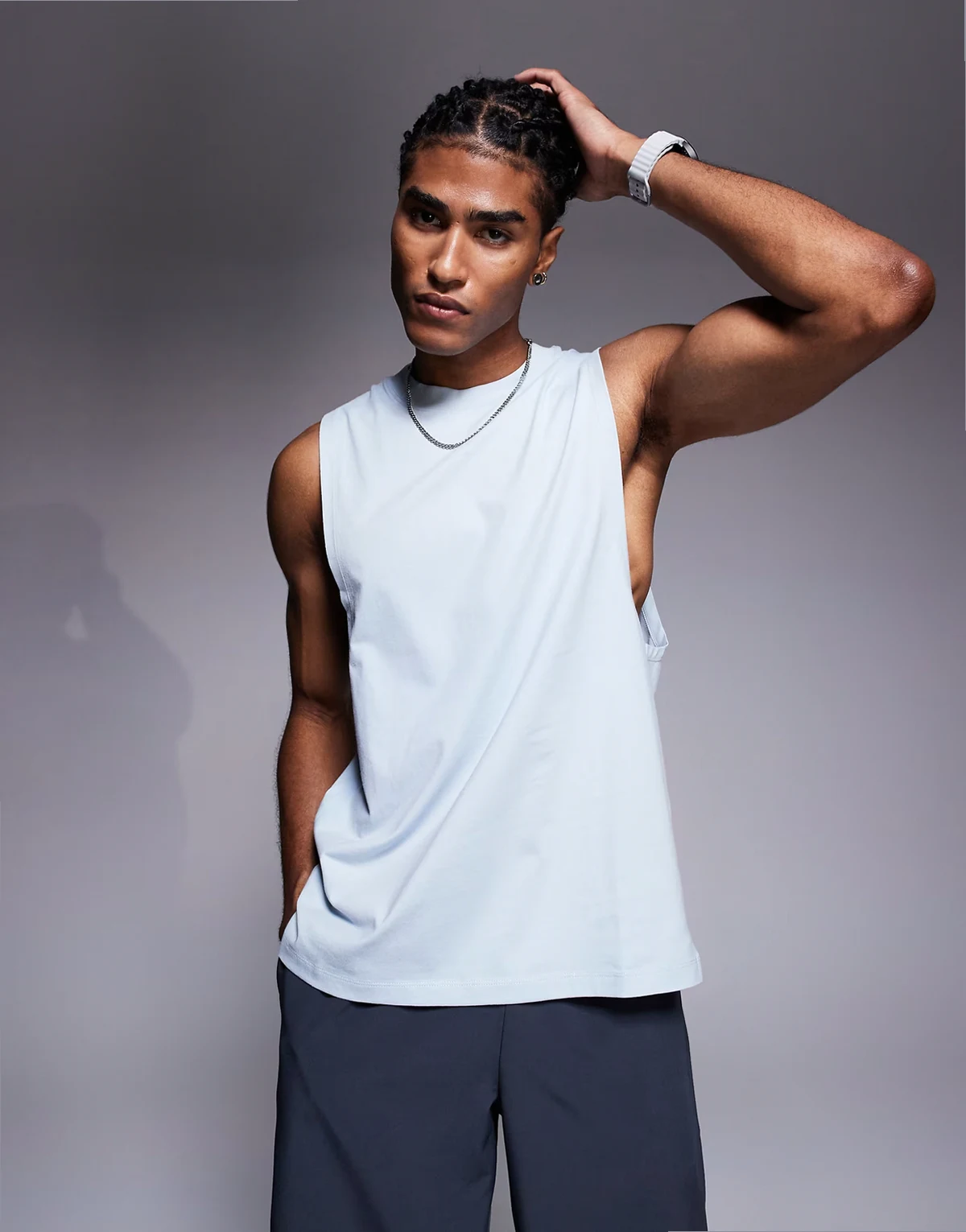 Icon cotton dropped armholes training tank top with quick dry finish in pale blue