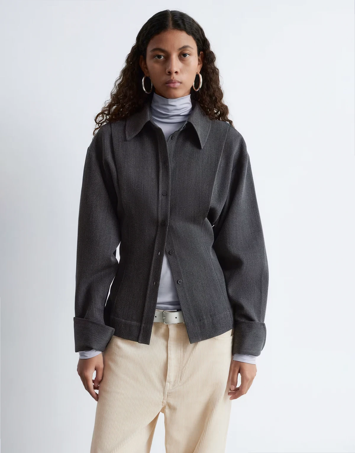 pure wool bold shoulder shacket with cinched waist in gray