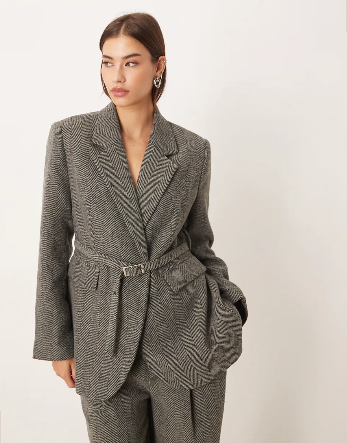herringbone belted blazer in gray - part of a set