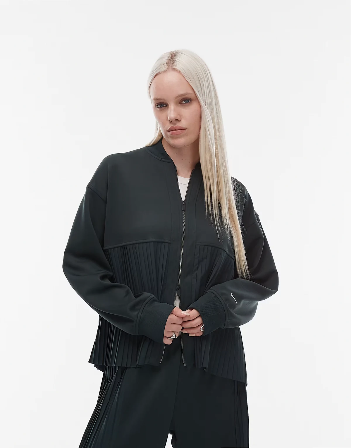 pleated harrington jacket in dark green