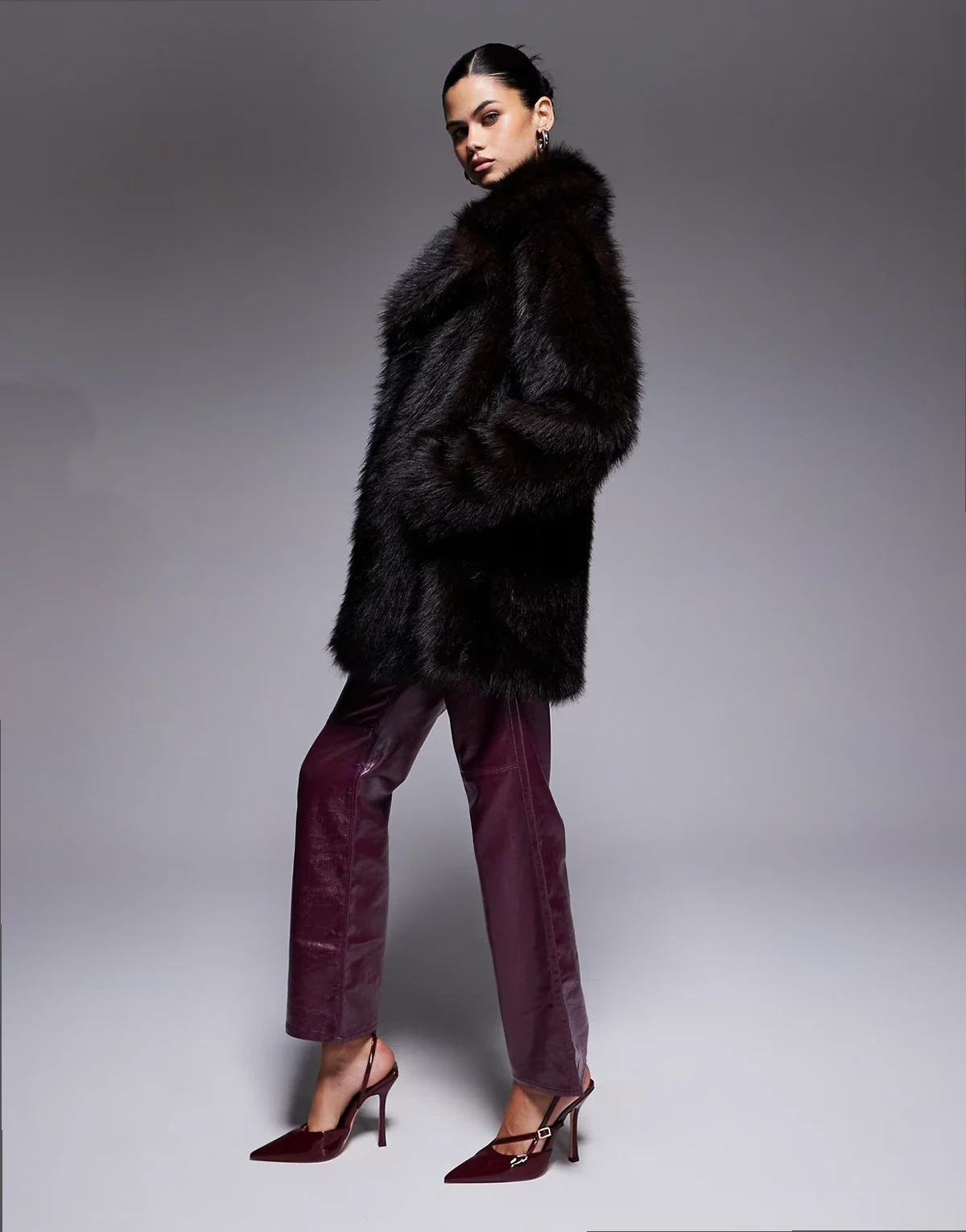 exclusive oversized collar faux fur jacket in brown