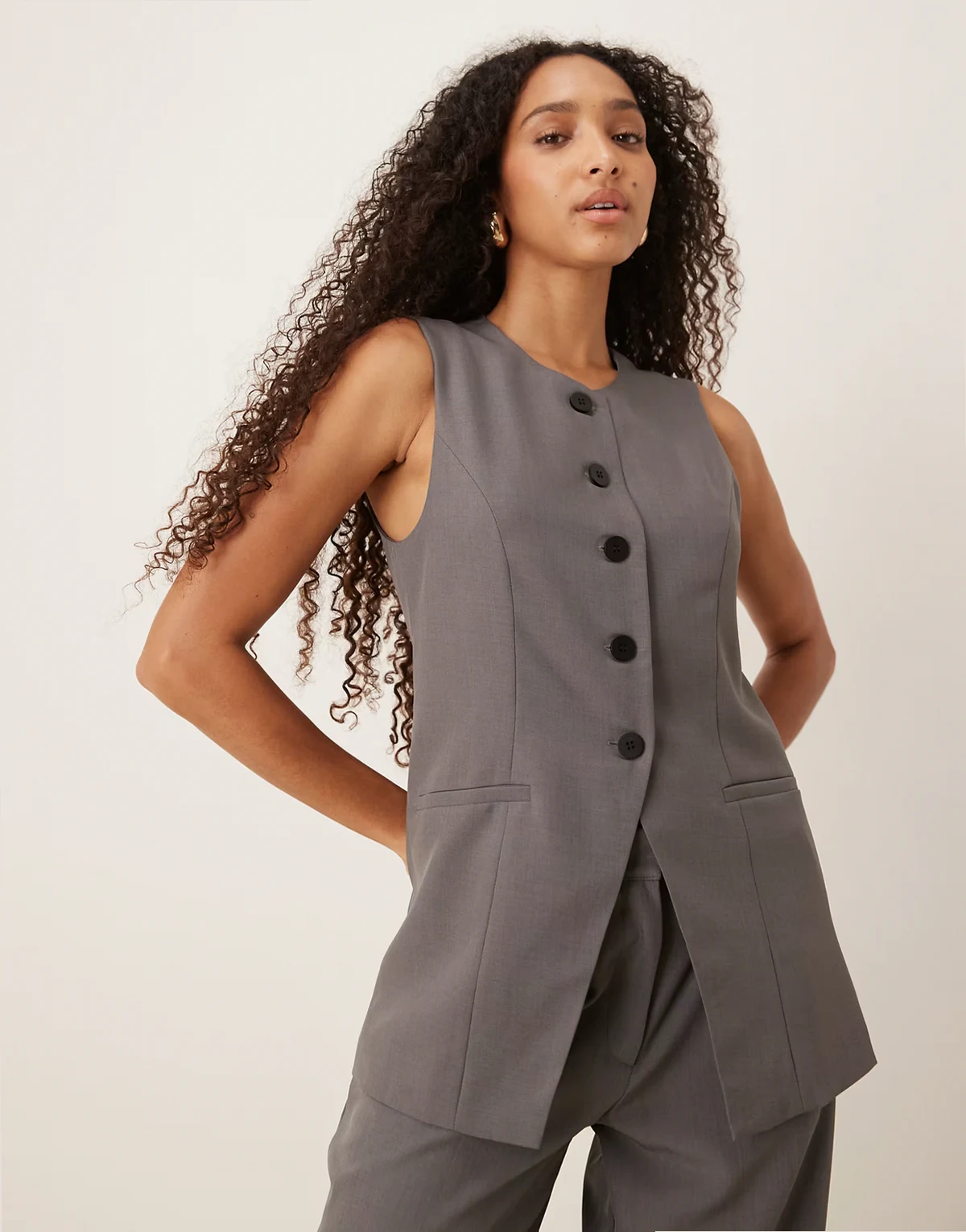 longline button up vest in gray - part of a set