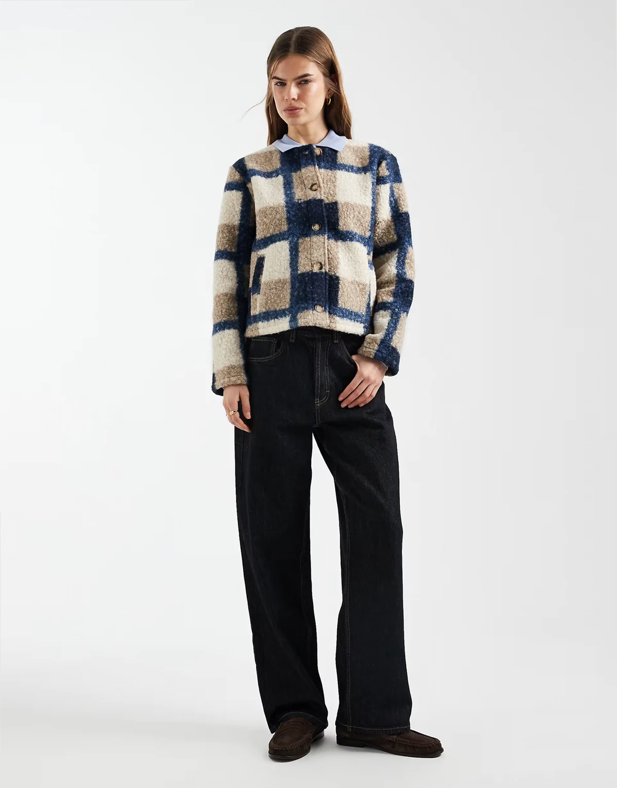 textured collarless short bouclé jacket in beige and navy checkerboard