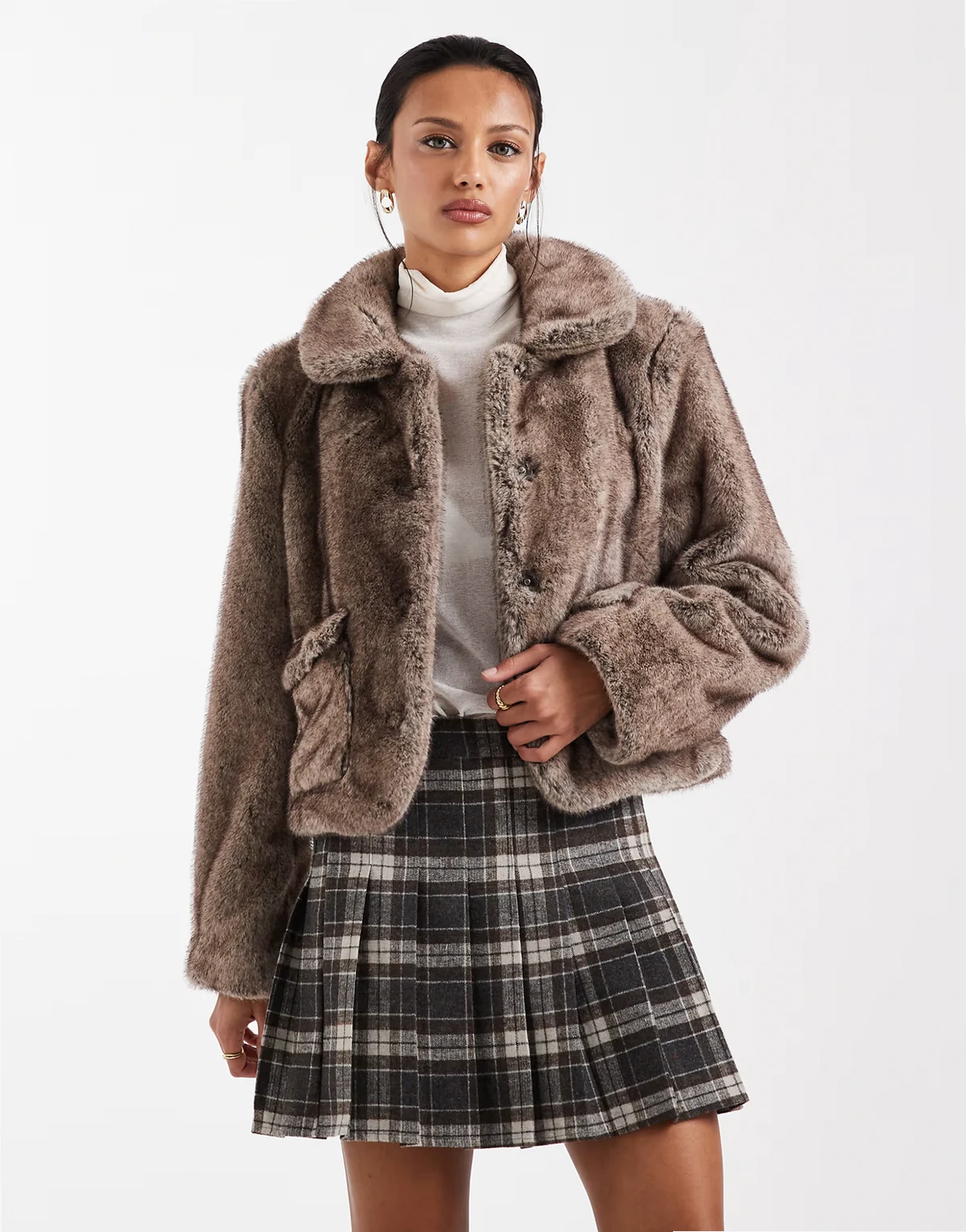 premium super soft faux fur cropped jacket in light brown