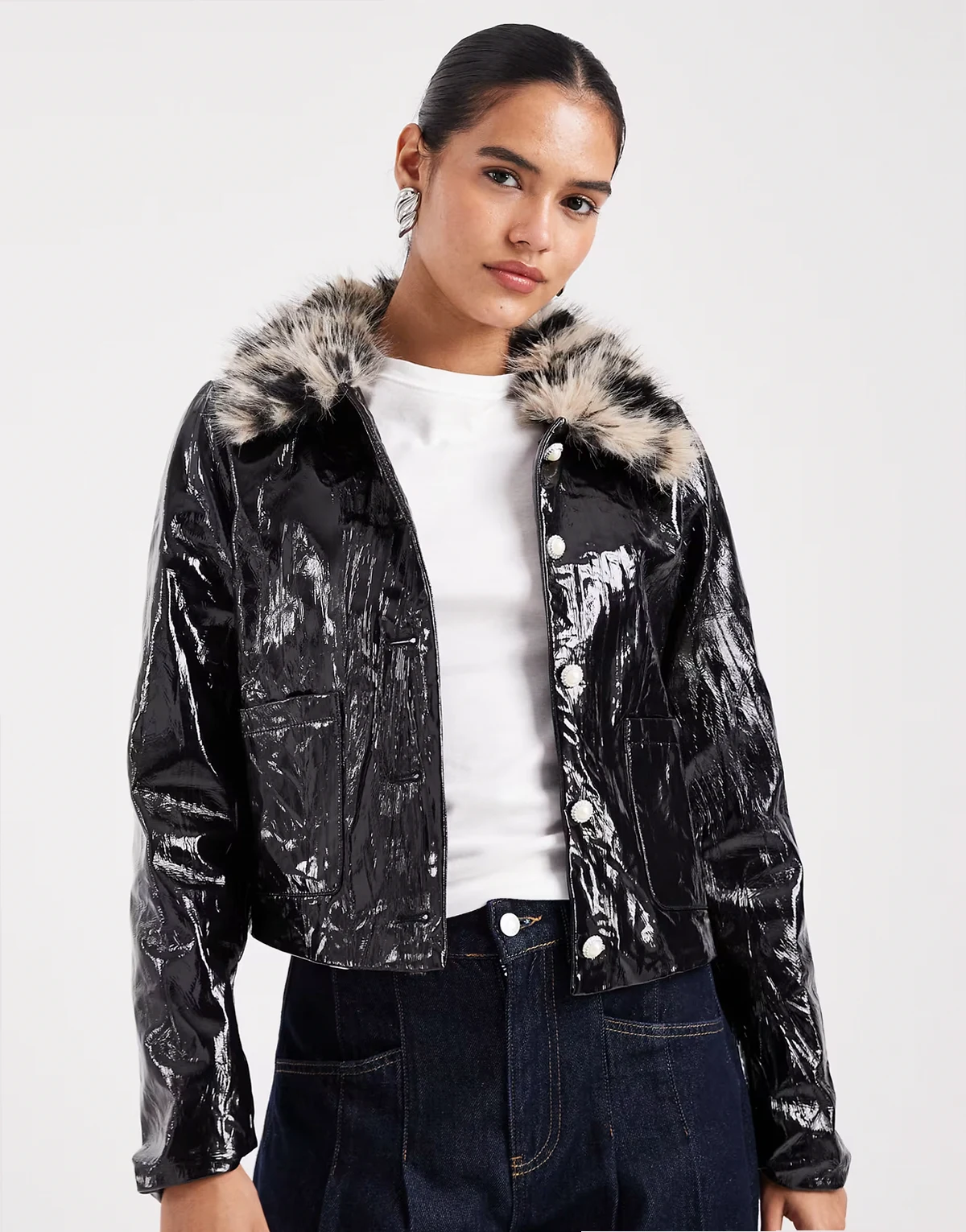 crinkle PU jacket with leopard faux fur collar in black