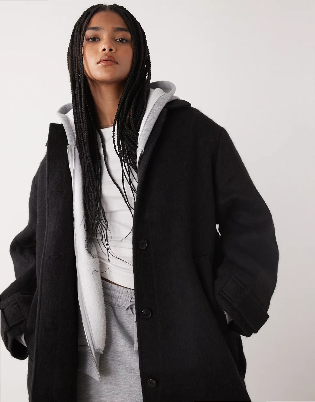 longline coat with wool in black