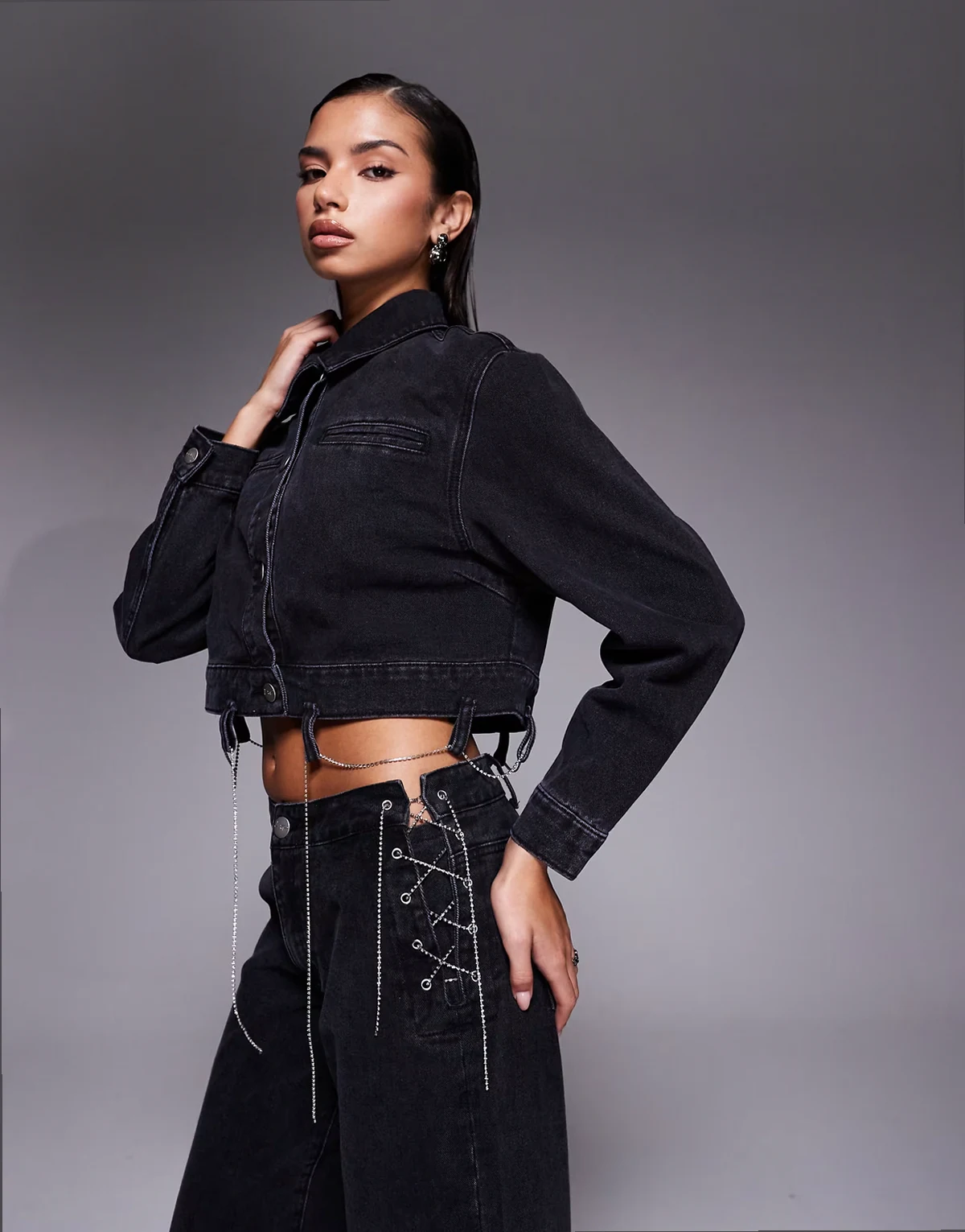 boxy denim chain detail jacket in black - part of a set