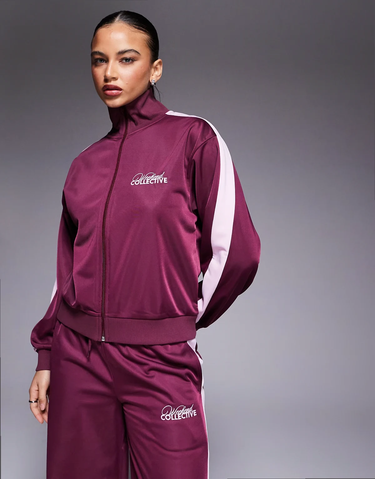 Weekend Collective zip up poly-tricot tracksuit top in burgundy - part of a set