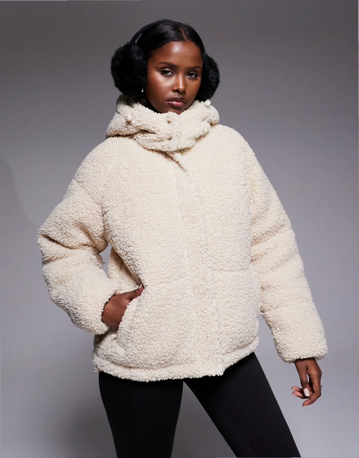 Ski short faux shearling puffer jacket with hood in cream