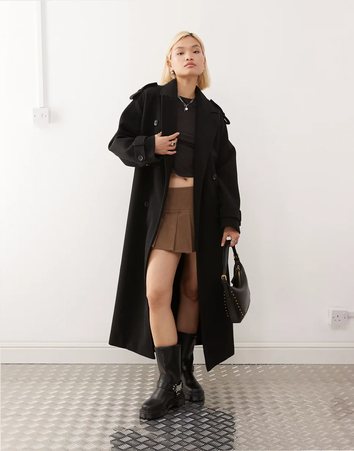 longline belted trench coat in black