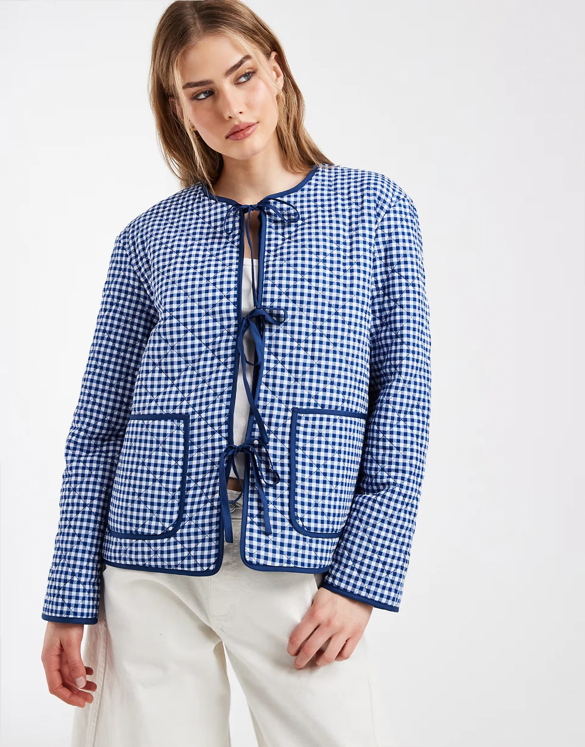 tie front quilted jacket in blue and white gingham