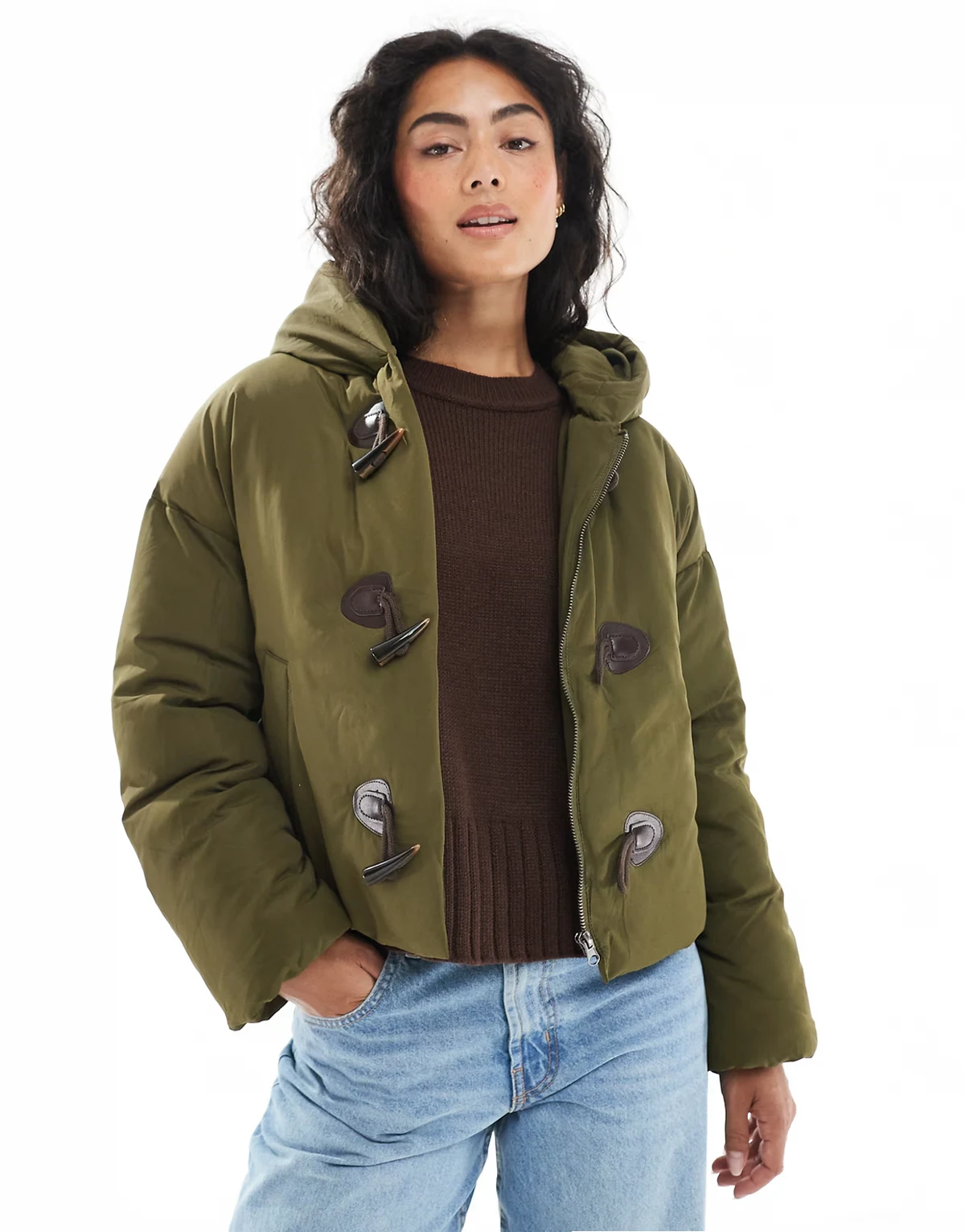 – Cropped-Jacke in Oliv mit Knebeldetails