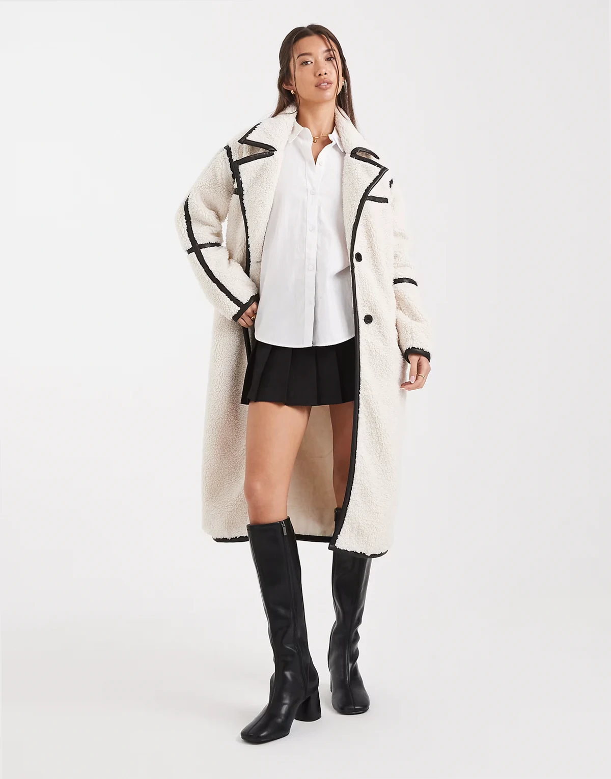 – Longline-Midaximantel aus flauschigem Teddyfell in Cremeweiß