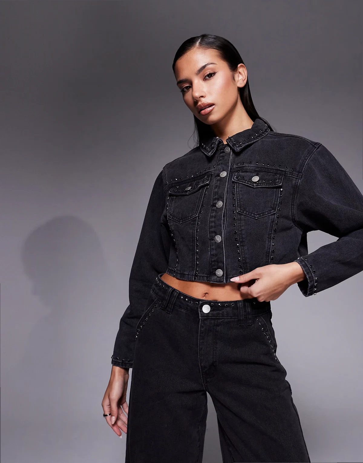 boxy denim jacket with diamante seam detail in washed black - part of a set