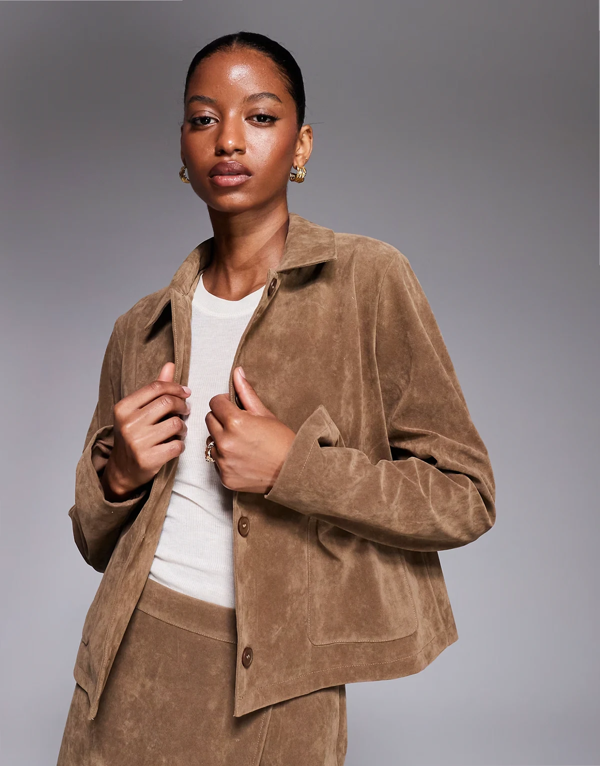 exclusive button front pocket detail faux suede jacket in tan -set