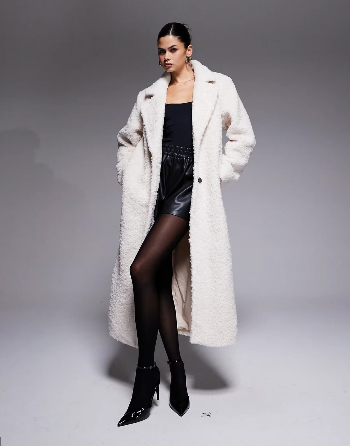 exclusive teddy collared maxi coat in cream