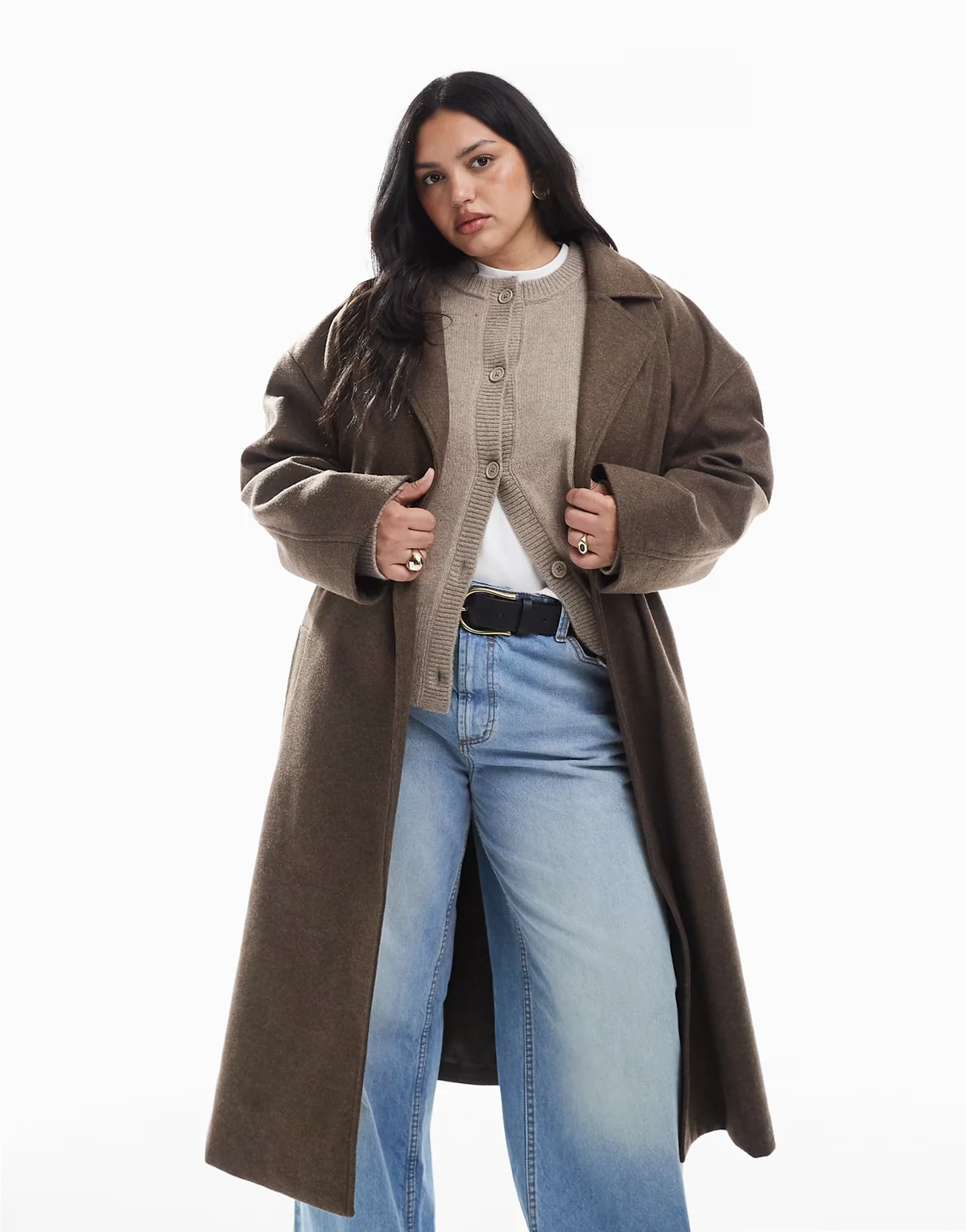 faux wool longline belted overcoat in brown