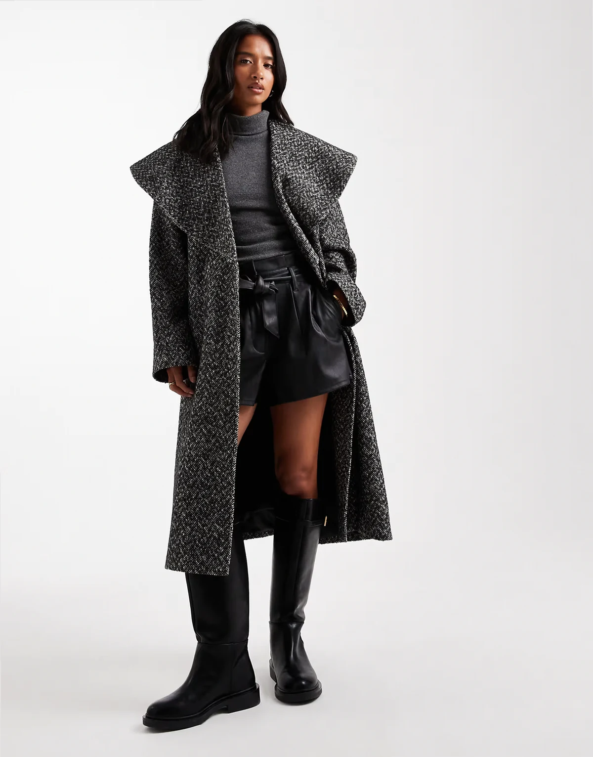 formal shawl collar wrap coat in herringbone