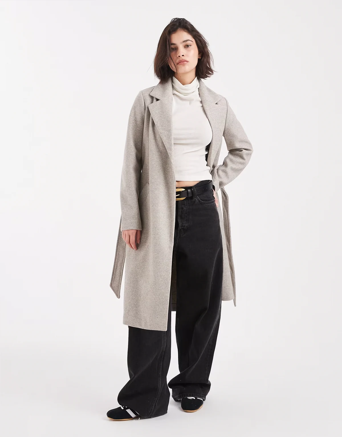 belted formal midi coat in heathered mink
