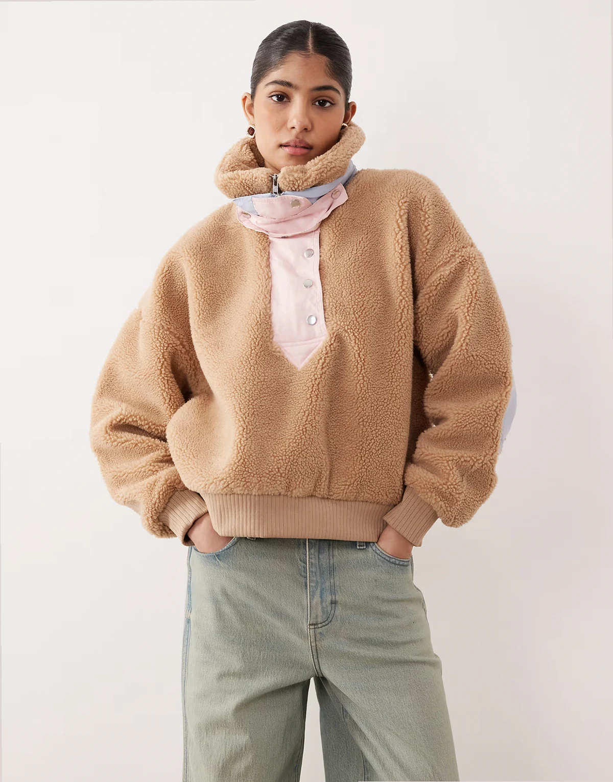 Caitlyn borg contrast elbow patch pullover sweater in camel