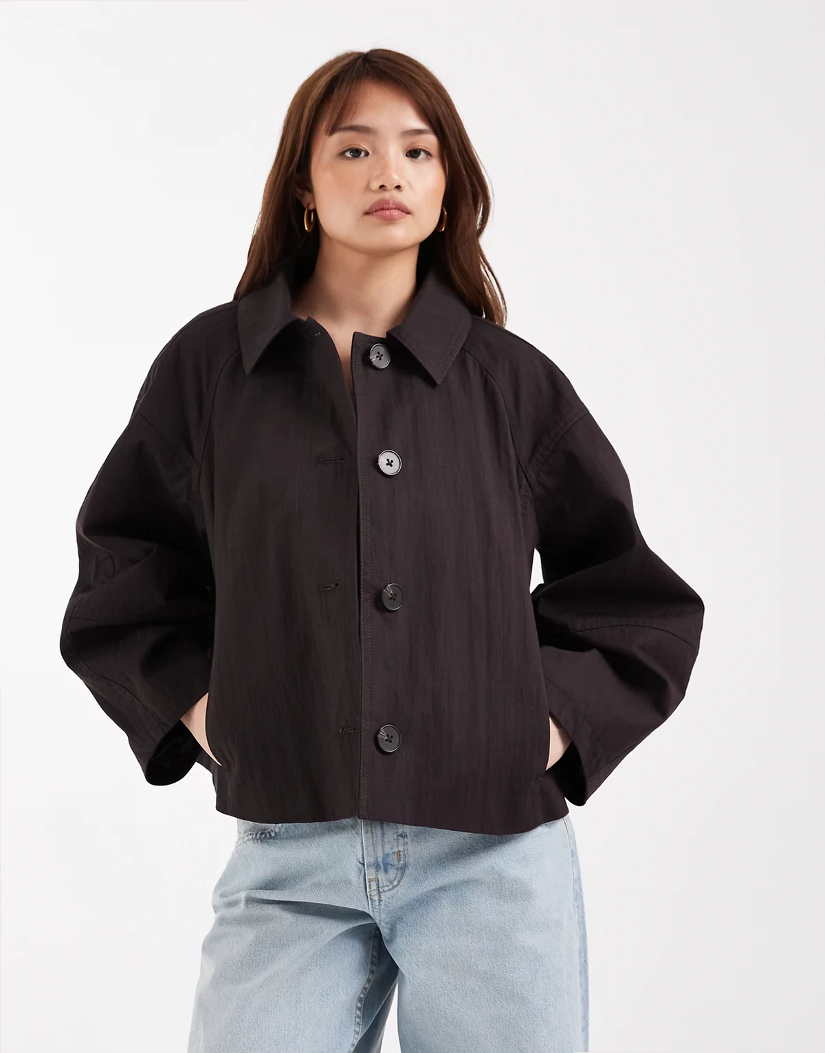 ASOS DESIGN Petite short trench coat with pleated detailing in chocolate