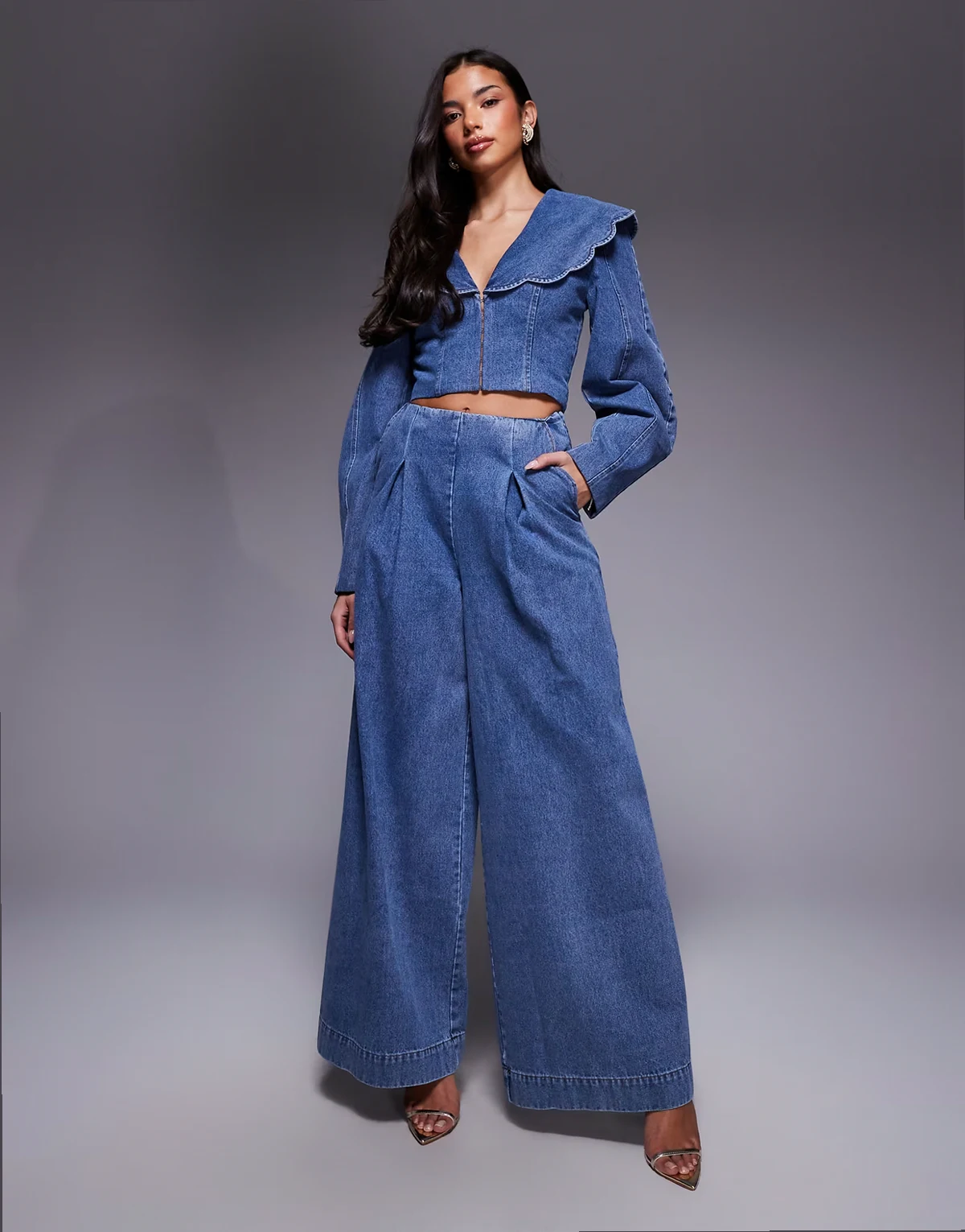 wide leg denim jeans with corset detail in mid blue - part of a set