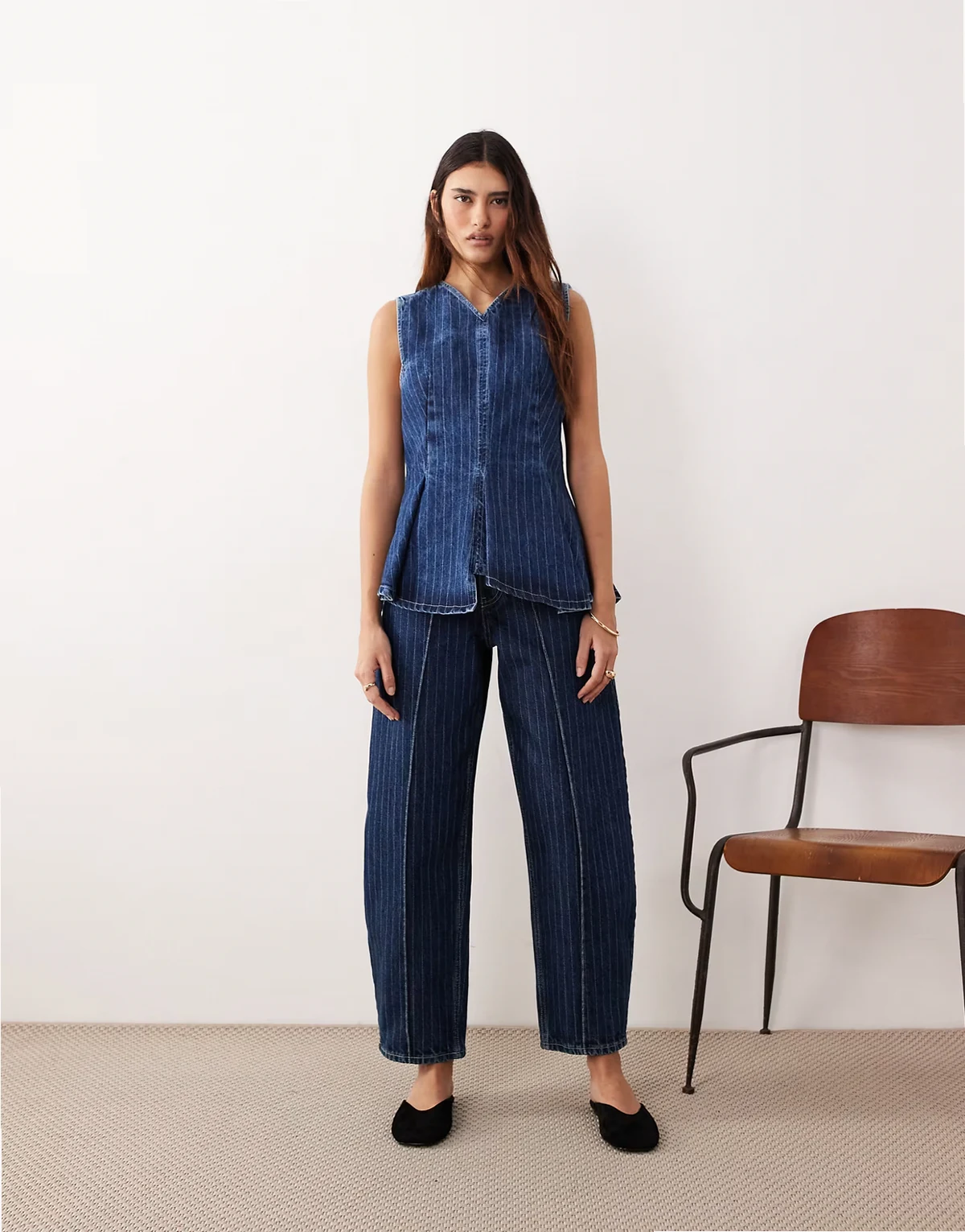 Clover front seam detail jeans in washed blue stripe - part of a set