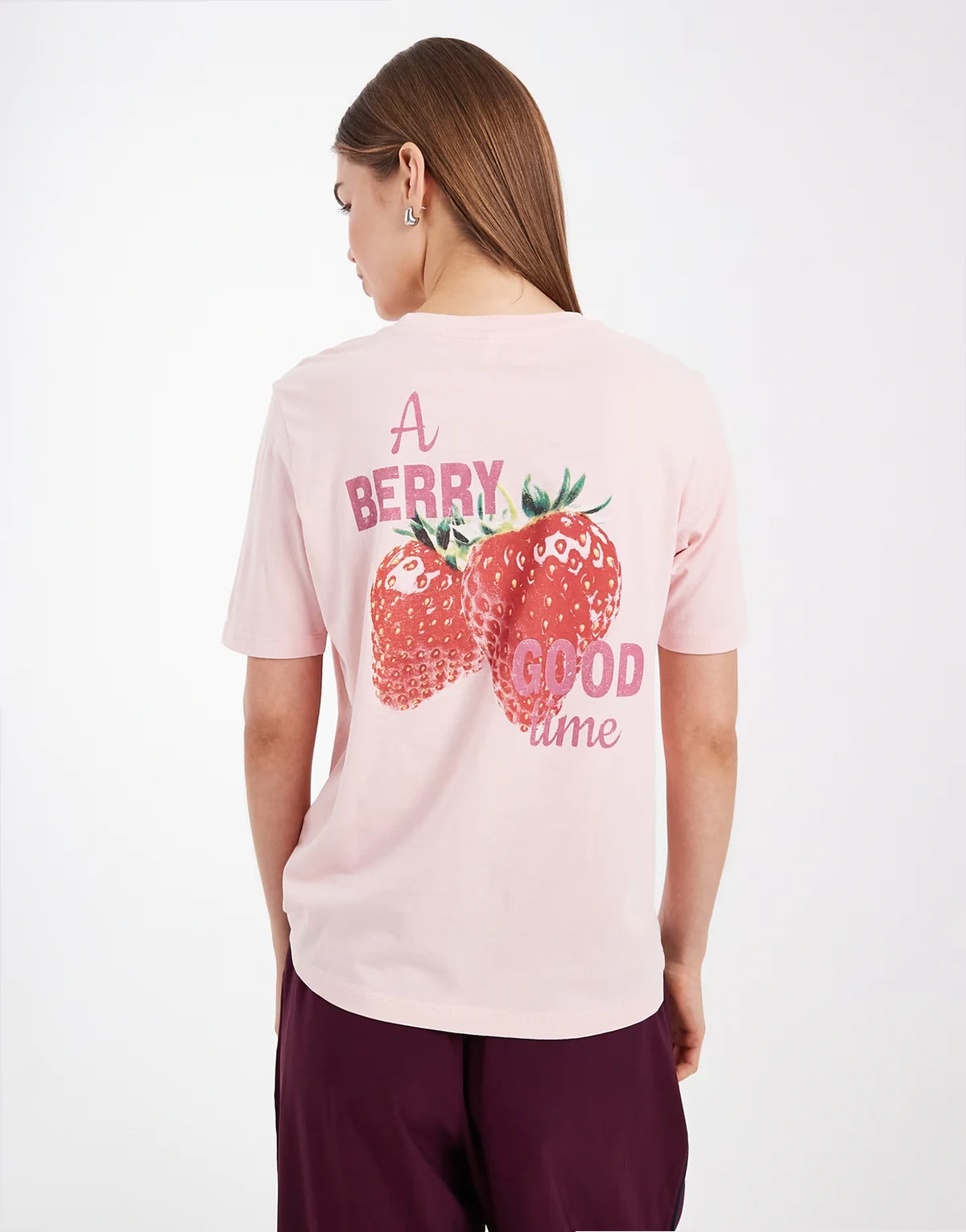 – Kastiges T-Shirt in Hellrosa mit Erdbeer-Rückenprint
