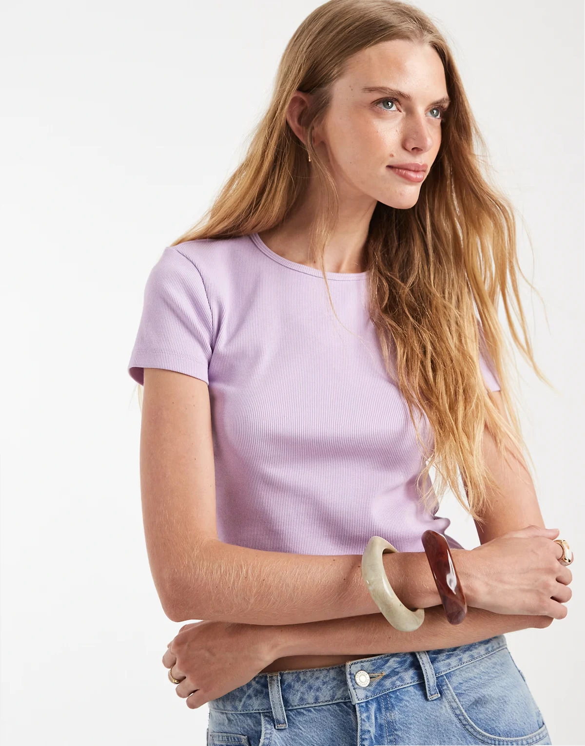 ribbed round neck T-shirt in orchid lilac