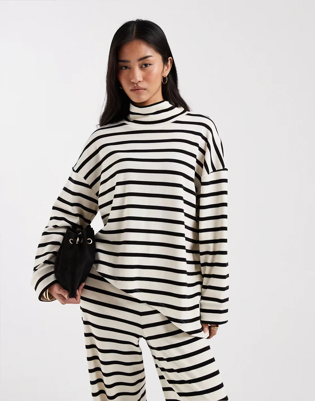 funnel neck long sleeve with asymmetric hem top in stripe - part of a set