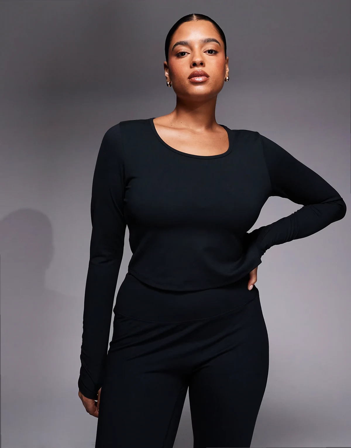 Curve soft touch scoop neck long sleeve top with ruched sleeves in black