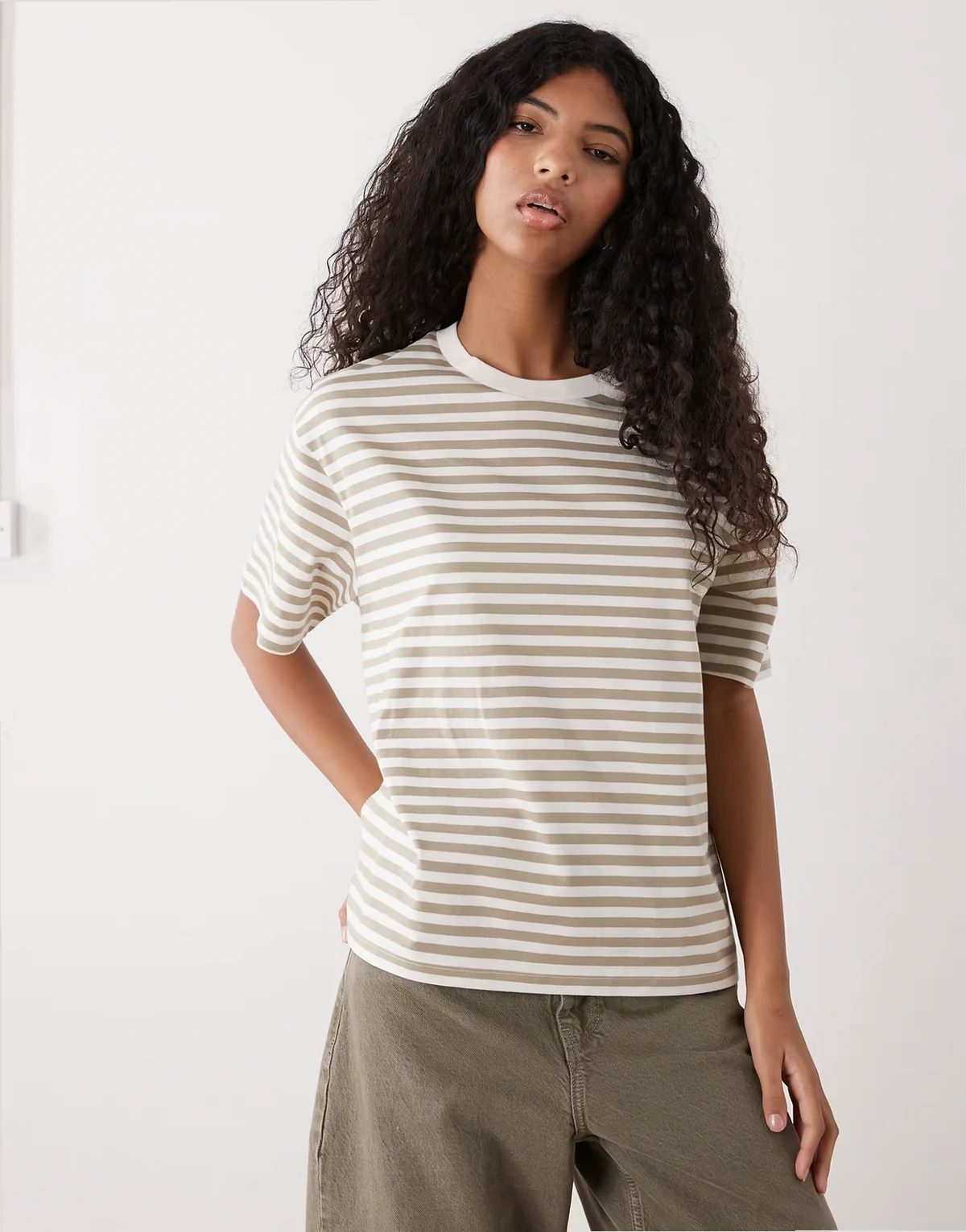oversized boxy T-shirt in white and khaki stripe