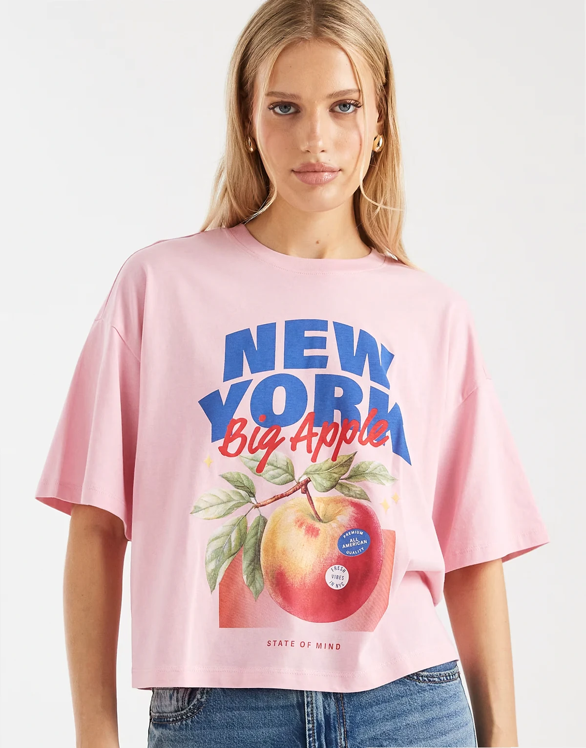 – Kastiges T-Shirt in Rosa mit Apfel-Print