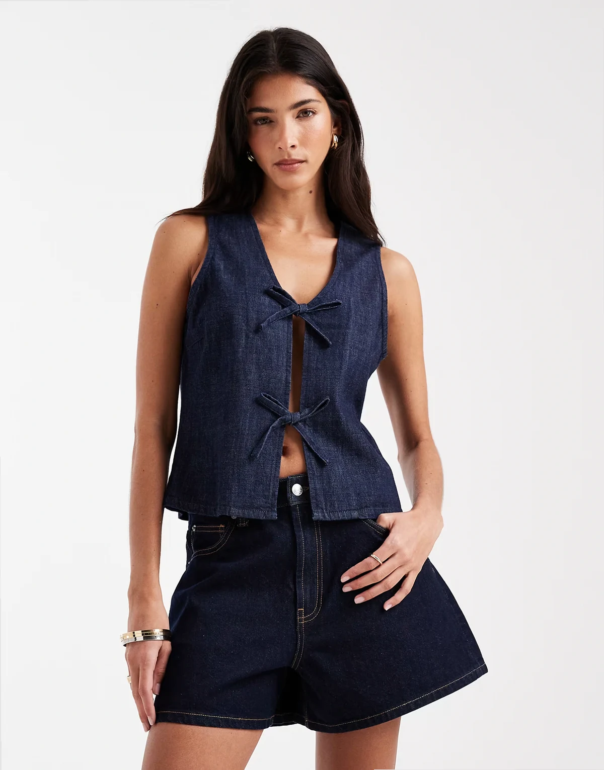 tie front sleeveless denim top in dark rinse wash